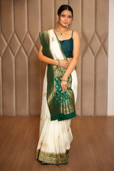 Off White Dola Silk Woven Butta Saree with Contrast Woven Border and Patola Pallu